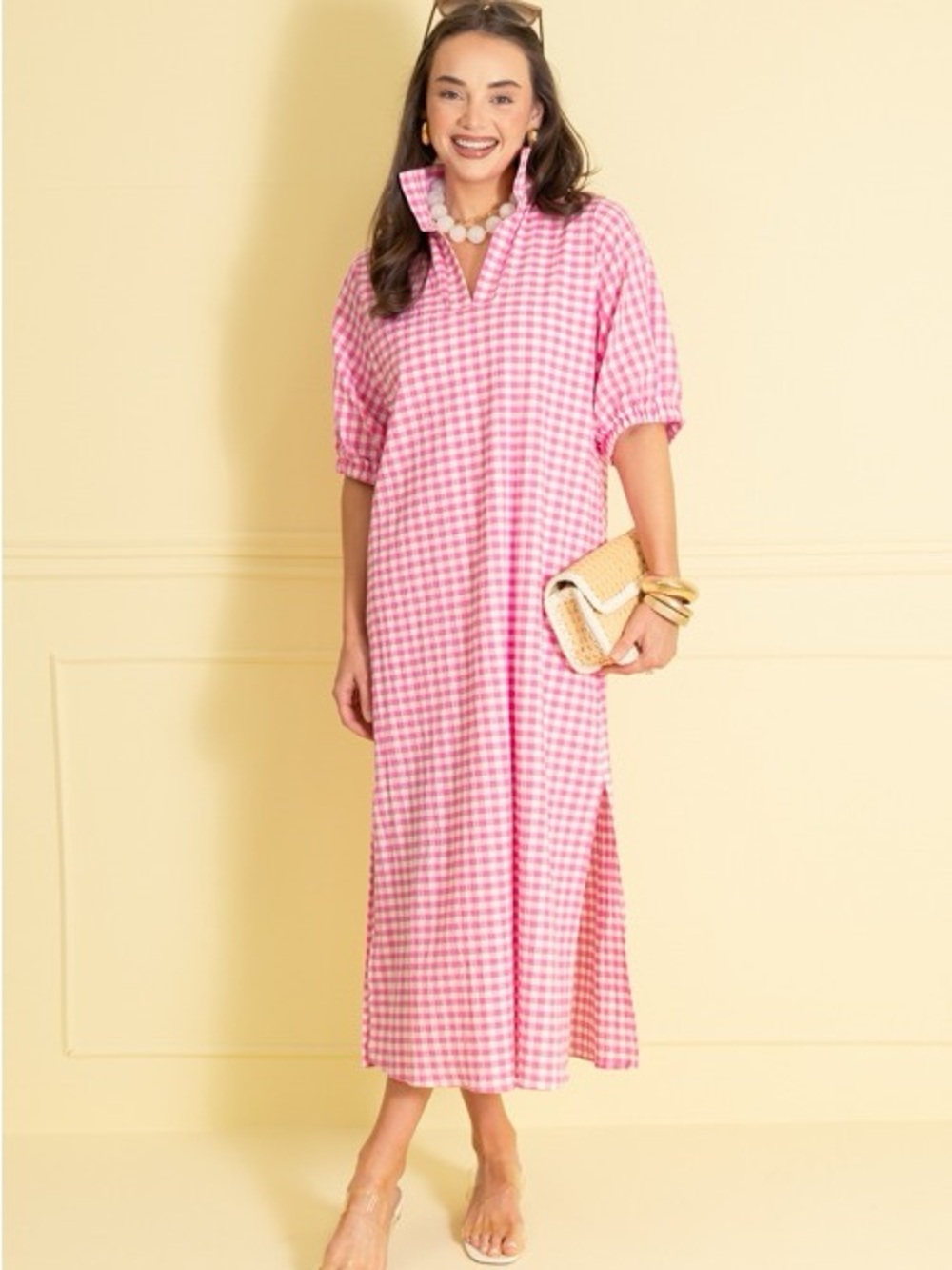 NWT Adrienne Blakely Pink Seersucker Gingham Midi Dress Large